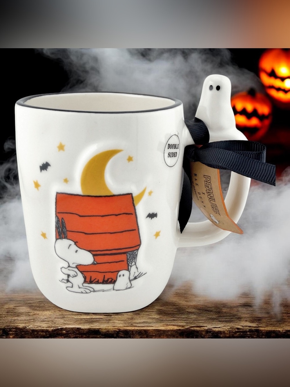 Rae Dunn Peanuts Snoopy Ghost Halloween Boo! Double Sided Coffee Mug NWT